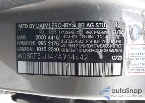 2007 Mercedes-Benz C 230 Sport z USA, uszkodzony, nr VIN WDBRF52H47A944442